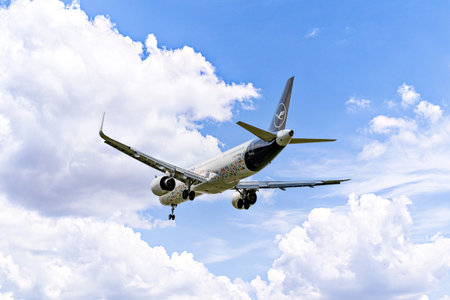 Barcelona, â€‹â€‹Spain; April 5, 2025: Lufthansa Airbus A321 landing at Barcelona-El Prat...
