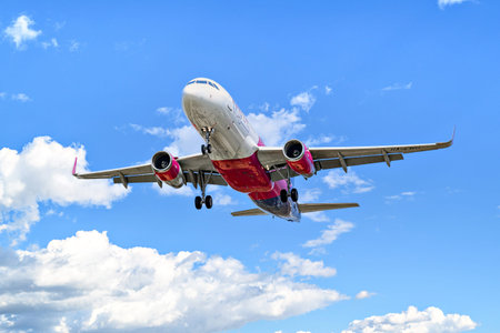 Barcelona, â€‹â€‹Spain; April 5, 2025: Wizz Air Malta Airbus A320 landing at Josep...