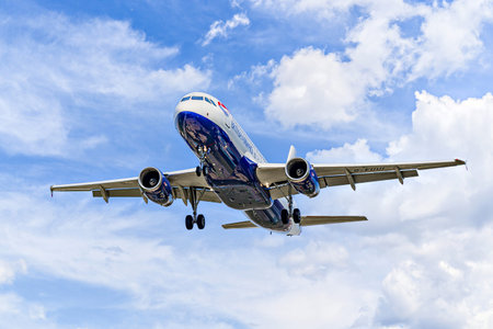 Barcelona, â€‹â€‹Spain; April 5, 2025: British Airways Airbus A320 landing at Barcelona-El...