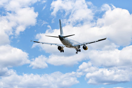 Barcelona, â€‹â€‹Spain; October 29, 2025: A Vueling Airbus A320 landing at Josep...