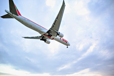 Barcelona, â€‹â€‹Spain; October 29, 2025: Tway Air Boeing 777 landing at Josep Tarradellas...