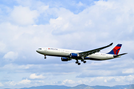 Barcelona, â€‹â€‹Spain; April 5, 2025: Delta Air Lines Airbus A330 landing at Barcelona-El...