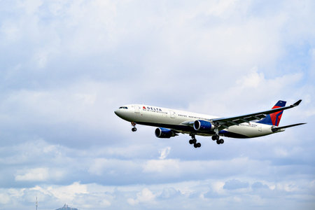Barcelona, â€‹â€‹Spain; April 5, 2025: Delta Air Lines Airbus A330 landing at Barcelona-El...