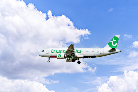 Barcelona, â€‹â€‹Spain; April 5, 2025: A Transavia France Airbus A320 landing at Josep...
