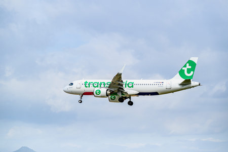 Barcelona, â€‹â€‹Spain; April 5, 2025: A Transavia France Airbus A320 landing at Josep...