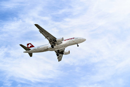 Barcelona, â€‹â€‹Spain; April 5, 2025: Swiss International Airbus A320 landing at...
