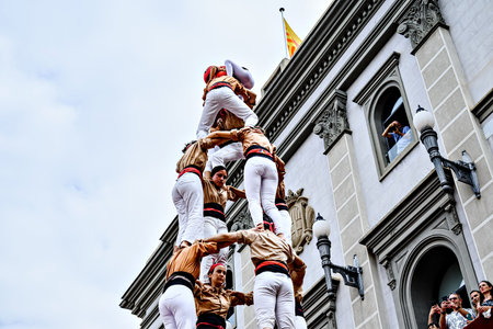 Igualada, Barcelona; August 25, 2024: Performance of the human tower by the Xiquets de Reus group at...