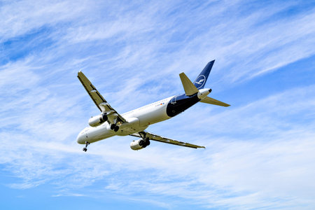 Barcelona, â€‹â€‹Spain; April 5, 2025: Lufthansa Airbus A321 landing at Barcelona-El Prat...