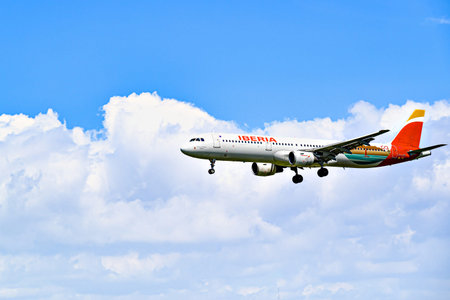 Barcelona, â€‹â€‹Spain; April 5, 2025: Iberia Airbus A321 landing at Josep Tarradellas...