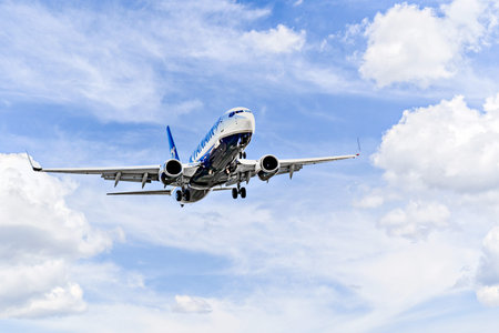 Barcelona, â€‹â€‹Spain; April 5, 2025: Ryanair Boeing 737 landing at Barcelona-El Prat...
