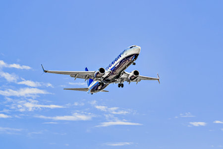 Barcelona, â€‹â€‹Spain; April 5, 2025: Ryanair Boeing 737 landing at Barcelona-El Prat...