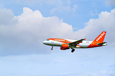 Barcelona, â€‹â€‹Spain; April 5, 2025: Landing of an EasyJet Europe Airbus A319 at...