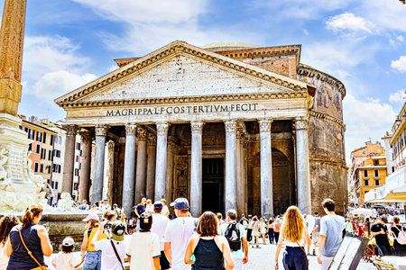 Rome, Italy; July 19, 2025: Tourists visit the Pantheon of Agrippa, or Pantheon of Rome