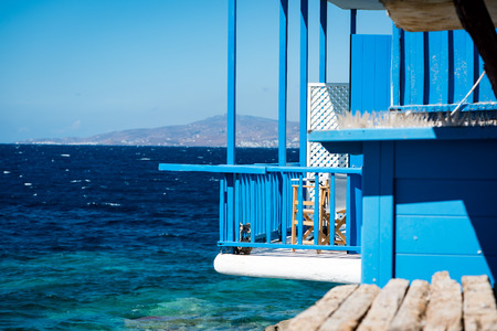 Balcony of Little Venice on Mykonos at noonの写真素材