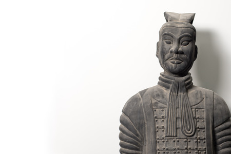 Frontal view of Chinese terracotta warrior statue, isolated on white background, with copy space, upper bodyのeditorial素材