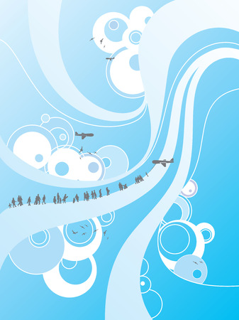 Aeroport in cloud, people, planes on take offのイラスト素材