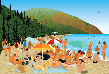 Beach with people of the black sea Ukraine Crimea Gursufのイラスト素材