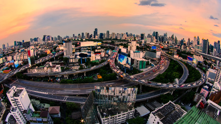 Aerial view of Bangkok city, Night scene with traffic light, Thailandのeditorial素材