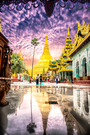 Shwedagon Paya is the most sacred golden buddhist pagoda in Yangon, Myanmar.のeditorial素材