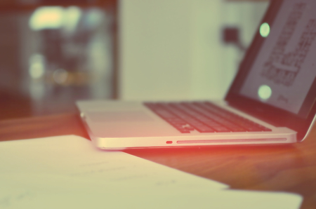 laptop on tableの写真素材