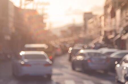 Blur traffic road with bokeh light abstract background. Retro color style.の写真素材