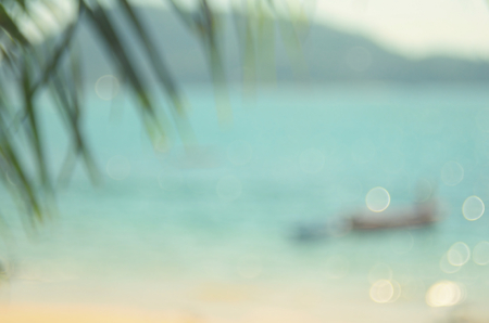 Blur tropical beach with palm leaf abstract background. Travel concept.の写真素材
