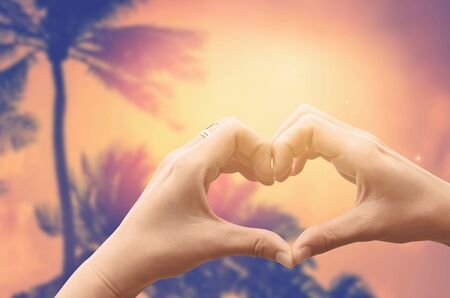 Female hands heart shape on blur tropical palm tree with sun light abstract background. Copy space of happy love and summer vacation concept. Vintage tone filter color style.の写真素材