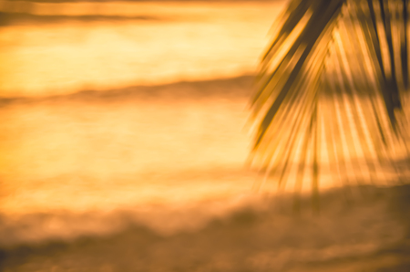 Blur beautiful nature green palm leaf on tropical sunset beach with bokeh light wave abstract background. Copy space of summer vacation and business travel concept. Vintage tone filter color style.の写真素材