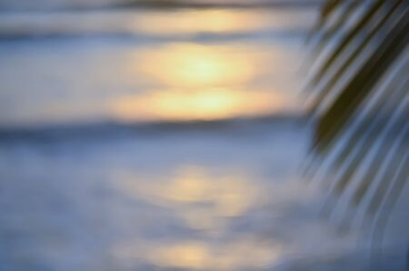 Blur beautiful nature green palm leaf on tropical sunset beach with bokeh light wave abstract background. Copy space of summer vacation and business travel concept. Vintage tone filter color style.の写真素材
