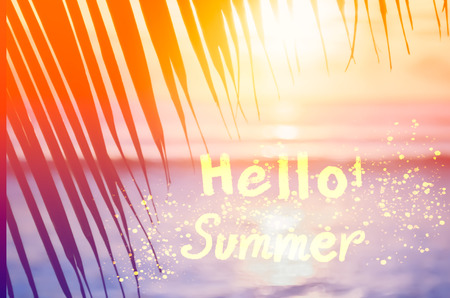 Hello ! Summer words on blur nature palm leaf tropical sunset beach and bokeh light wave abstract background. Copy space of summer vacation and business travel concept. Vintage tone filter color styleの写真素材