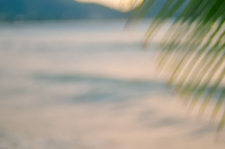 Blur beautiful nature green palm leaf on tropical sunset beach with bokeh light wave abstract background. Copy space of summer vacation and business travel concept. Vintage tone filter color style.の写真素材