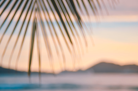 Blur beautiful nature green palm leaf on tropical sunset beach with bokeh light wave abstract background. Copy space of summer vacation and business travel concept. Vintage tone filter color style.の写真素材