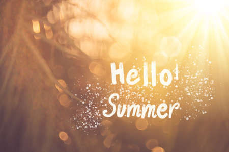 Copy space of blur palm leaf tree on blue sky and white clouds with bokeh sun ligth abstract texture background. Ecology and environment concept. Vintage tone filter effect color style.の写真素材