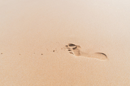 Copy space of footprint on sand beach texture abstract background. Summer vacation and business travel freedom adventure concept. Vintage tone filter effect color style.の写真素材