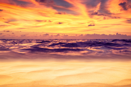 Tropical beach with sunset sky and cloud background. Copy space of summer vacation and holiday travel freedom concept. Vintage tone filter effect color style.の写真素材