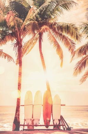 Surfboard and palm tree on beach double exposure with colorful bokeh sun light texture abstract background. Summer vacation and sport extreme concept. Vintage tone filter color style.の写真素材