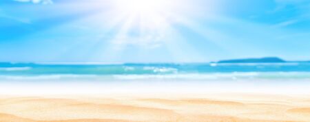 Panorama view of blur beautiful tropical beach with bokeh sun light wave abstract background. Copy space summer vacation and business travel concept. Vintage tone filter effect color style.の写真素材
