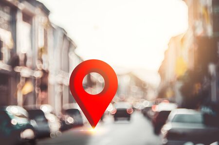 Blur traffic road and colorful bokeh light and old building town abstract background with navigator gps location. Copy space of transportation and travel concept. Retro tone filter effect color style.の写真素材