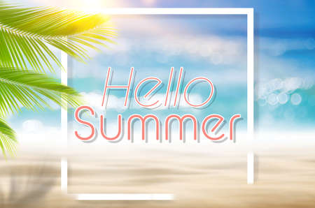 Hello summer words on blur tropical beach with bokeh sunlight wave abstract background. Summer vacation and travel holiday concept. Vintage tone filter effect color style.の写真素材