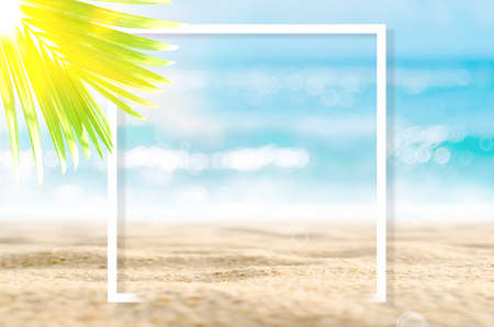 Hello summer words on blur tropical beach with bokeh sunlight wave abstract background. Summer vacation and travel holiday concept. Vintage tone filter effect color style.の写真素材