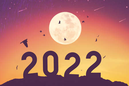 2022 number with birds flying and full moon on top of mountain abstract background. New year...