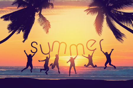 Silhouette friends jumping and holding summer words on sunset sky with palm tree abstract background...