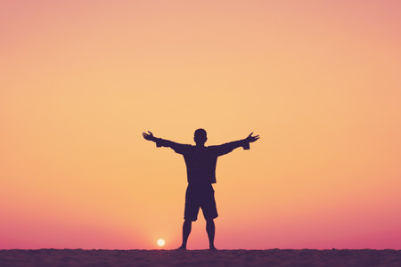 Copy space of man rise hand up on sunset sky at beach and island background. Freedom and travel adventure concept. Vintage tone filter effect color style.の写真素材