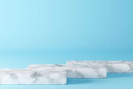 White 3d podium empty on blue abstract background. Product mock up presentation. Grapich art design render.の写真素材