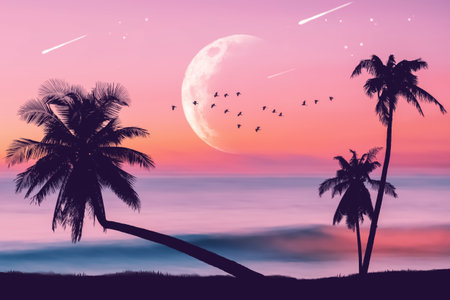 Silhouette palm tree at tropical night beach and full moon with birds flying on sunset sky abstract...