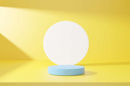 Blue podium on yellow abstract background. 3D render graphic design.