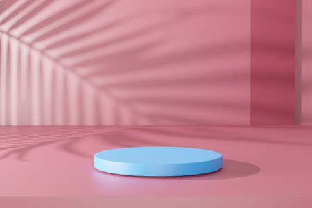 Blue podium and palm leaf shadow on red abstract background. 3D render graphic design.の写真素材