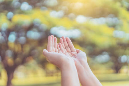 Woman open hand up to sunset sky and green blur leaf bokeh sun light abstract background. Vintage tone filter effect color style.の写真素材