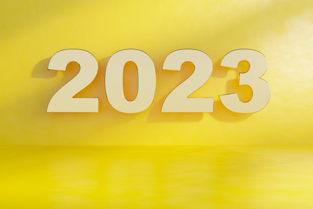 2023 gold number on clean yellow color abstract background. Happy new year concept.3d render graphic.の写真素材