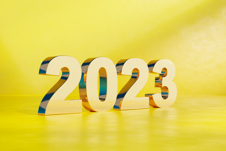 2023 gold number on clean yellow color abstract background. Happy new year concept.3d render...